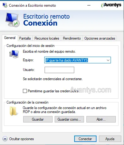 Opcion Mostrar opciones en Conexion a Escritorio remoto