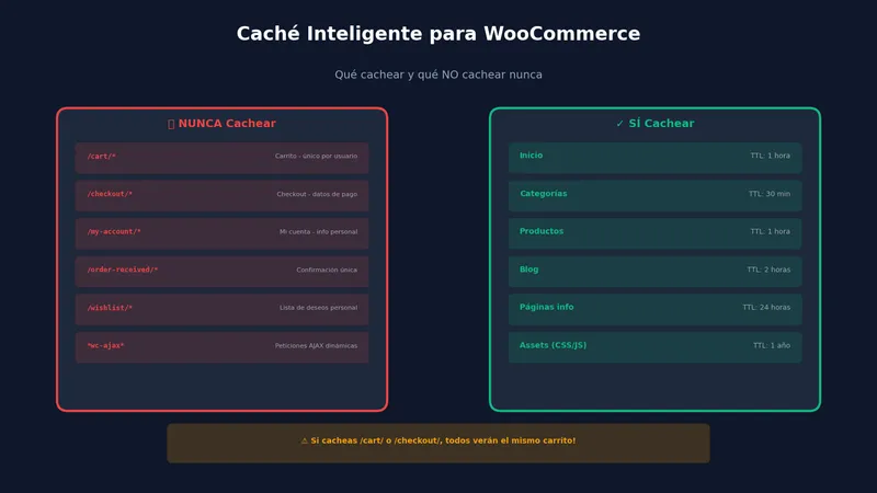 Exclusiones de caché para WooCommerce: carrito, checkout, mi cuenta