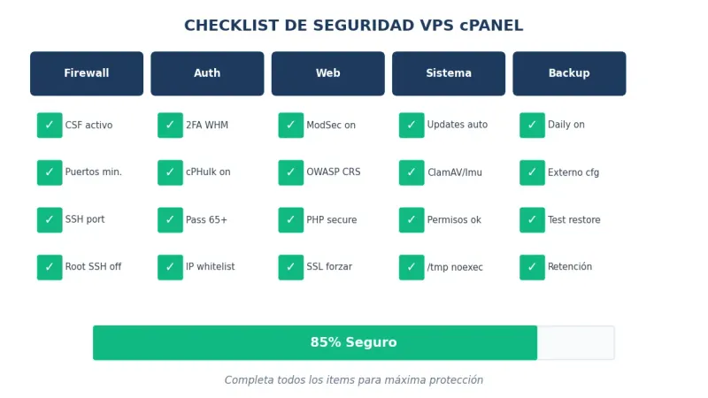 Checklist de seguridad VPS cPanel - Configuraciones esenciales
