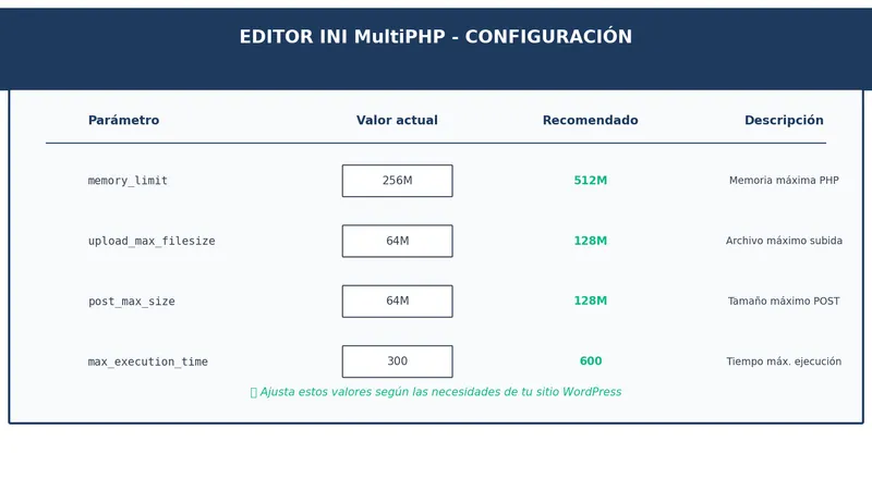 Editor INI de MultiPHP en cPanel para configurar memory_limit y upload_max_filesize