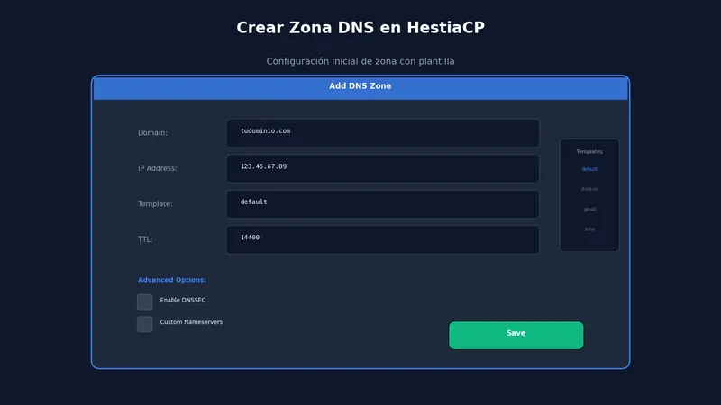 Crear zona DNS en HestiaCP con plantilla