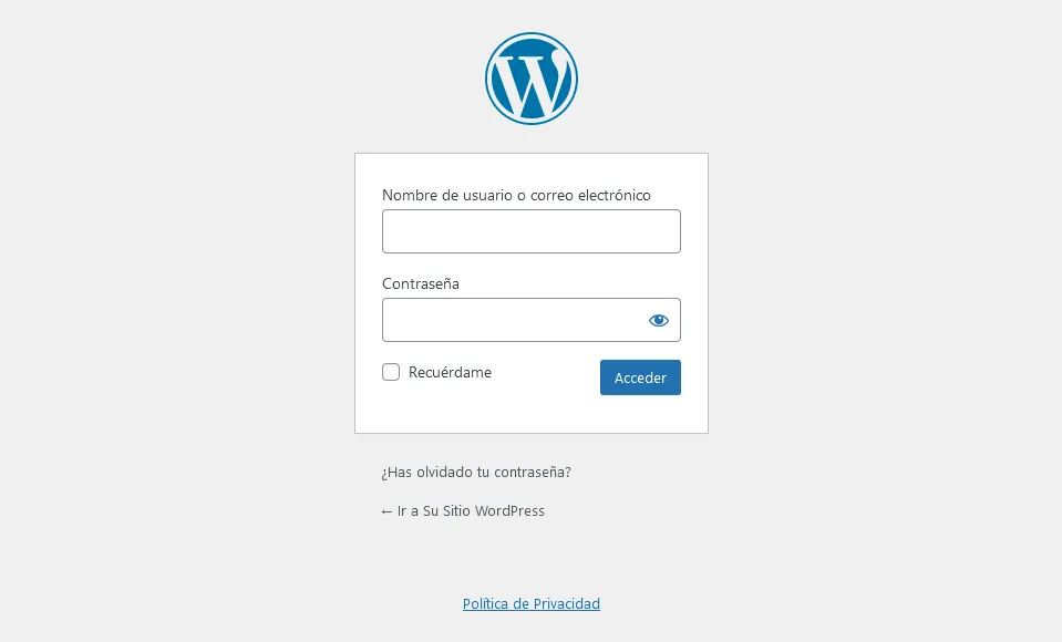 Pantalla de acceso a WordPress