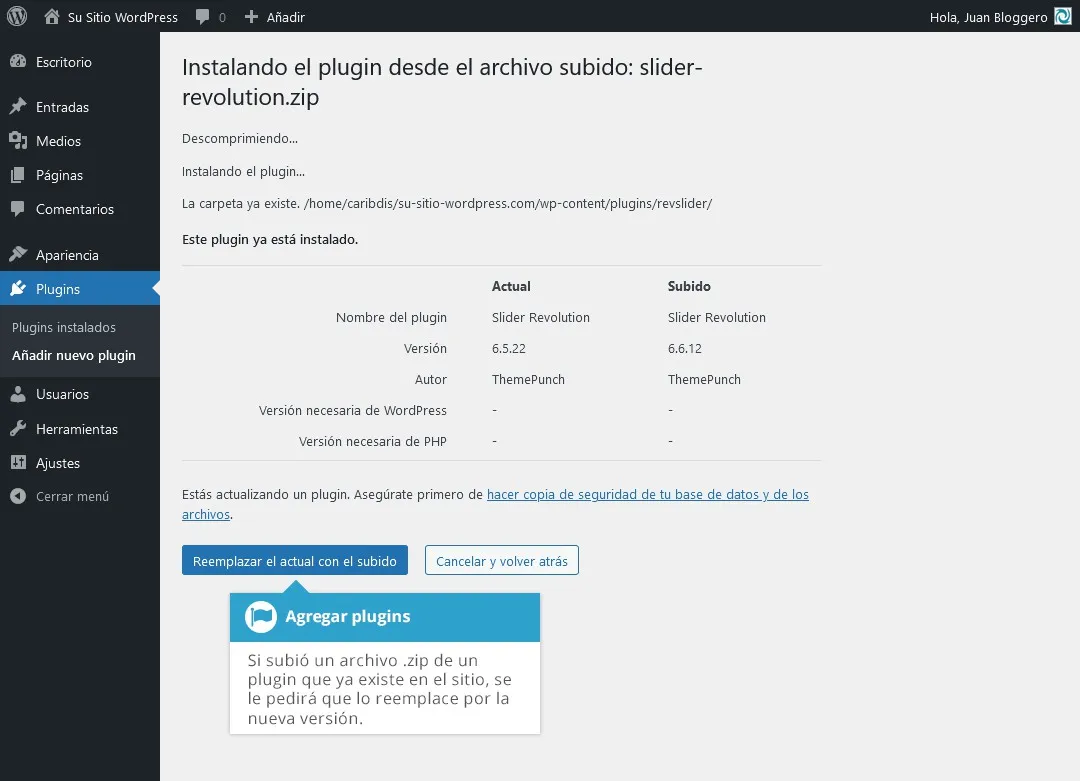 Reemplazar plugin existente con el subido