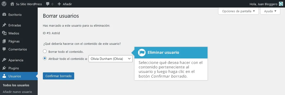 Borrar usuario y reasignar contenido