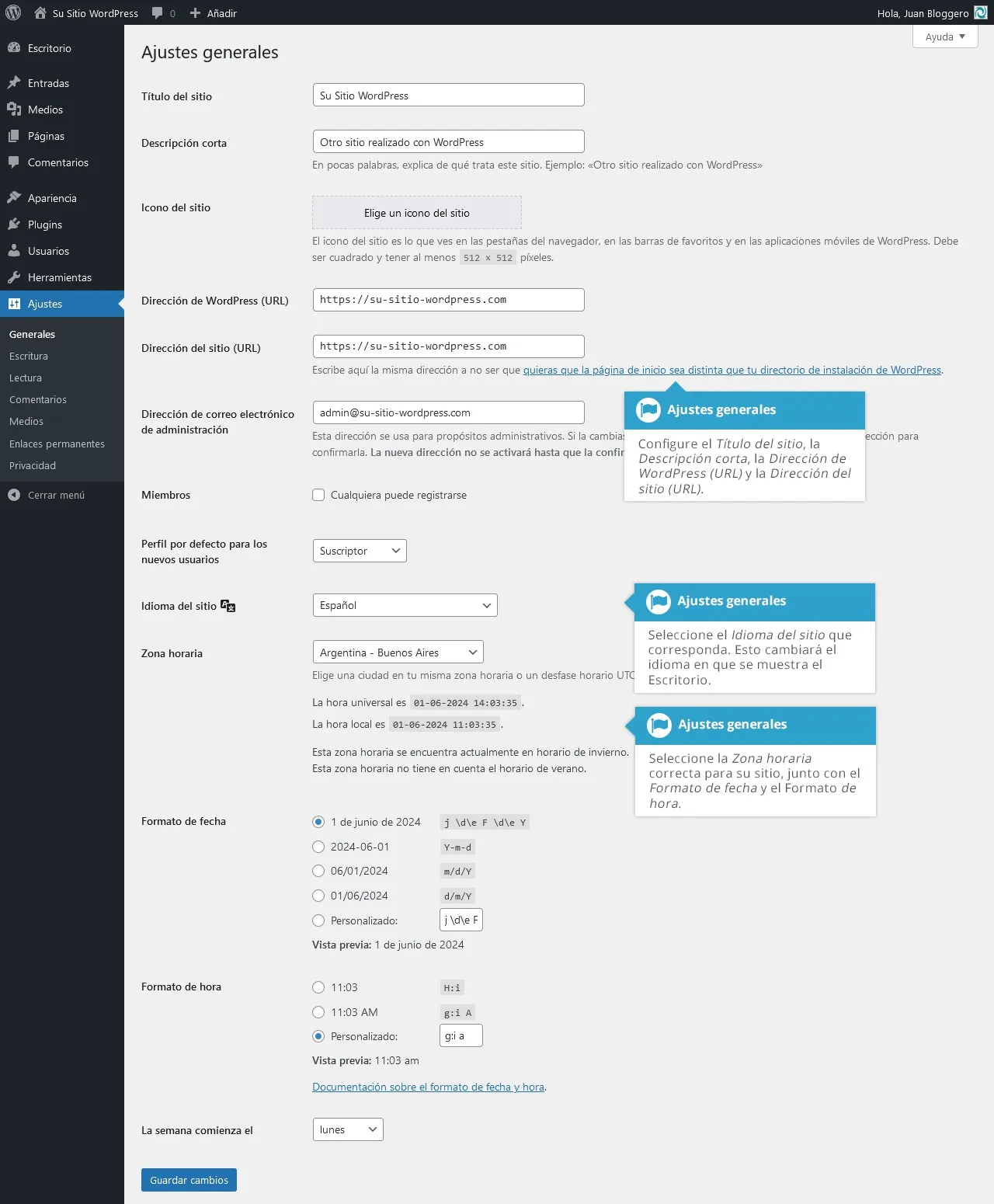 Ajustes generales de WordPress