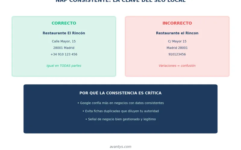 Importancia del NAP consistente: ejemplo correcto vs incorrecto en citaciones