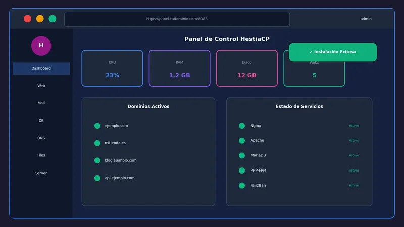 Panel de HestiaCP recién instalado y funcionando