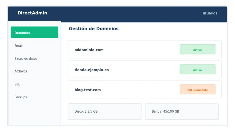 Panel de usuario en DirectAdmin con las opciones principales