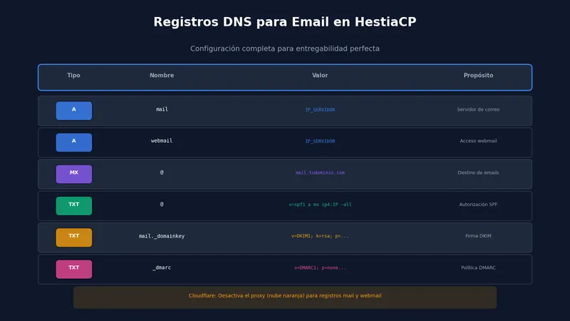 Registros DNS necesarios para email en HestiaCP