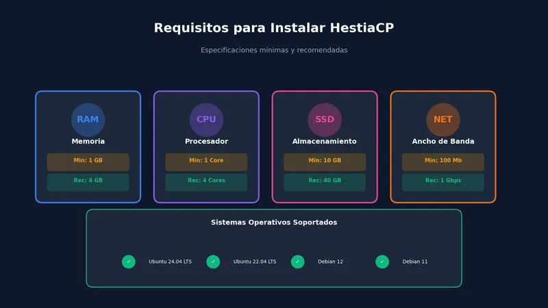 Requisitos mínimos y recomendados para instalar HestiaCP en Ubuntu