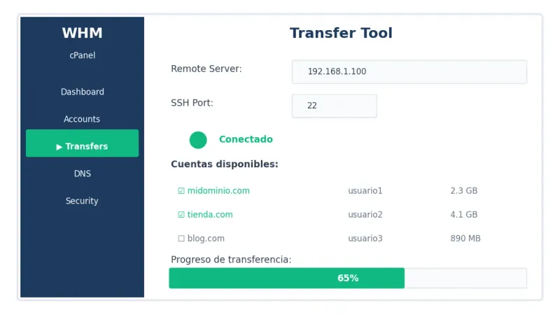 Interfaz del WHM Transfer Tool para migración de cuentas cPanel