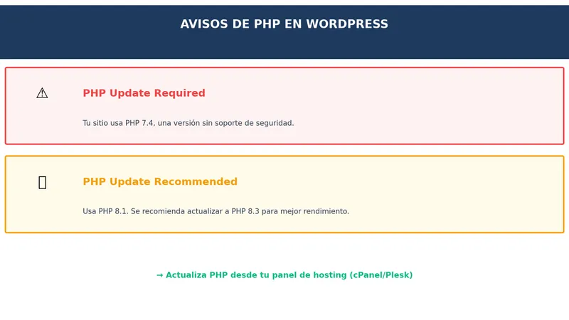 Aviso de WordPress indicando que se necesita actualizar la versión de PHP